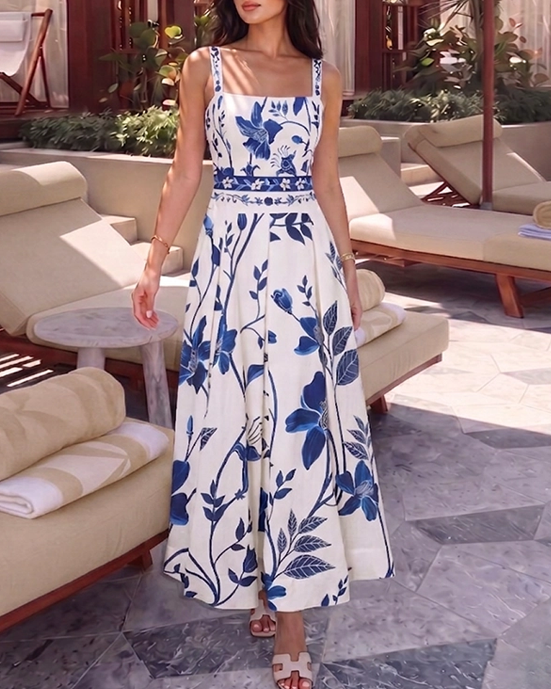 Adjustable Straps Blue & White Floral Print Swimsuit Set