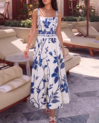 Adjustable Straps Blue & White Floral Print Swimsuit Set