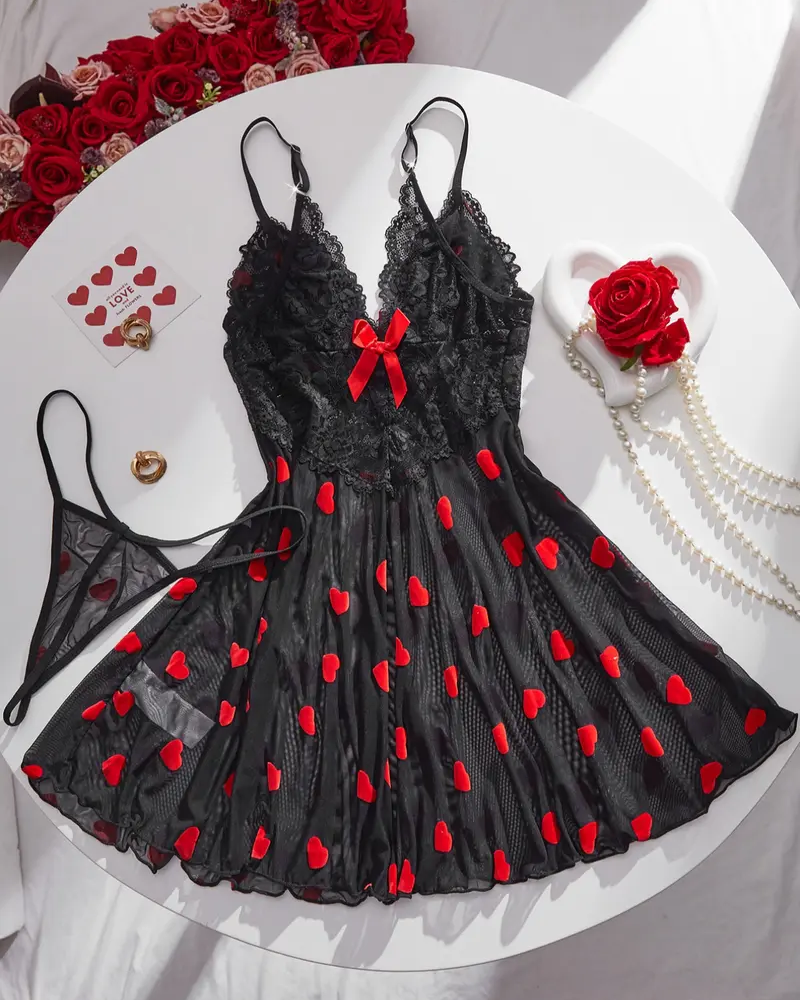 Sexy Sheer Lace Mesh Nightdress with Heart Accent