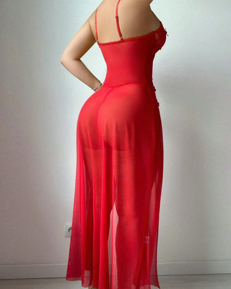 Red Floral Slip Mesh Maxi Dress