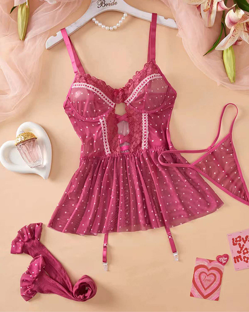 Plus Size Sexy Polka Dot Lace Sheer Babydoll Lingerie