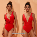 Detachable 3D Flower Red One Piece Swimsuit and Skirt