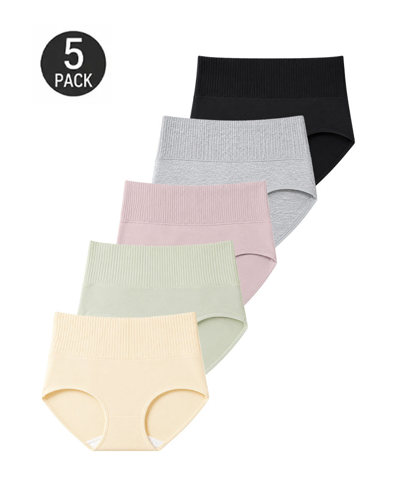 Five-Pack Pure Cotton High Waist Tummy Control Ribbed Briefs
