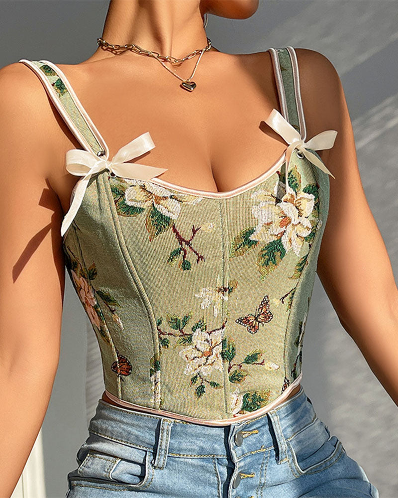 French Style Bow Lace-Up Floral Sexy Body Shaper Women's Sling Printed Slim-Fit Vest Corset
