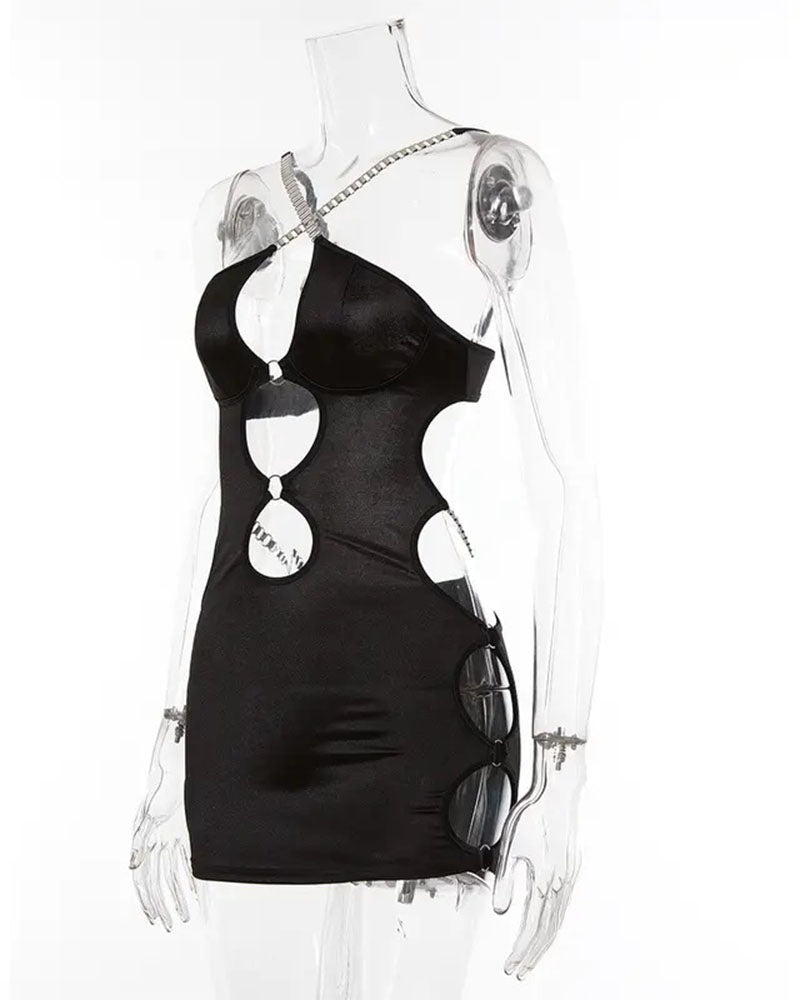 European And American Women's Sexy Hollow Slim-Fit Sheath Dress Deep V Metal Strap