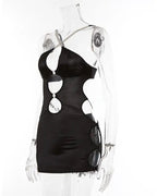 European And American Women's Sexy Hollow Slim-Fit Sheath Dress Deep V Metal Strap