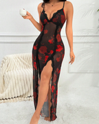 Sexy Rose Print Lace Slit Maxi Dress with Thong
