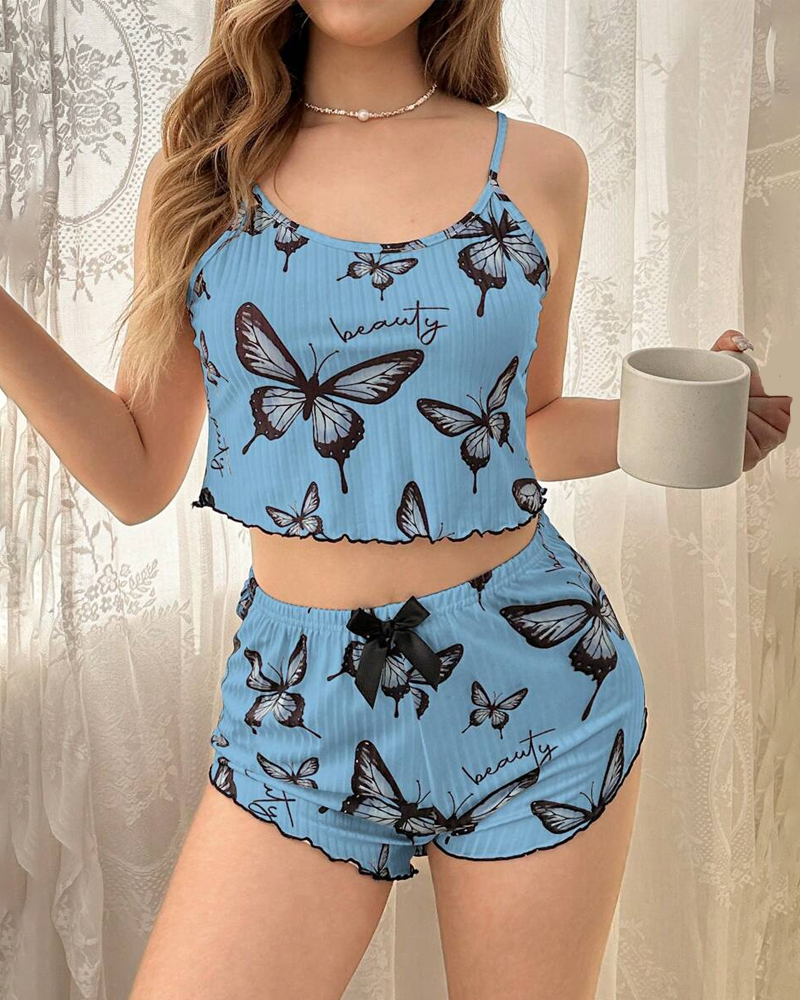 Butterfly Print Spaghetti Strap Pajama Set