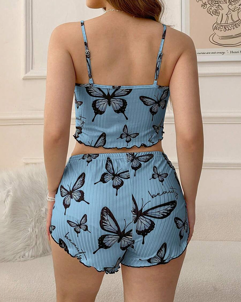 Butterfly Print Spaghetti Strap Pajama Set