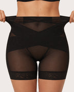 High Waist Tummy Control Sheer Mesh LaceTrim Shaping Shorts