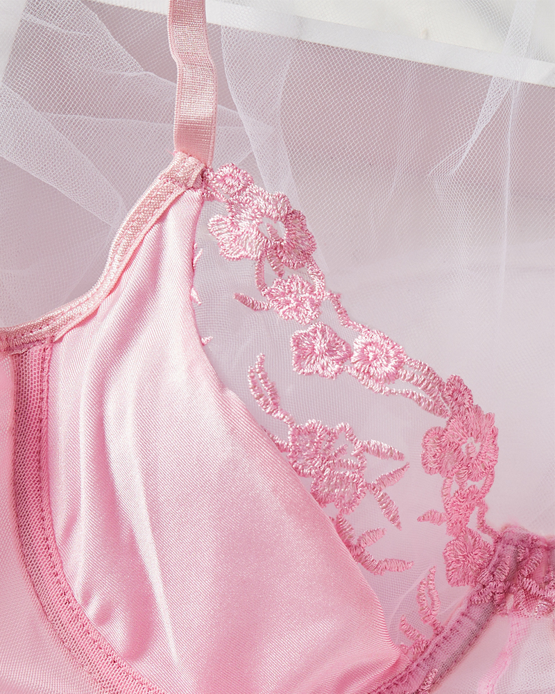 Floral Sheer Lace Strappy Lingerie Set with Leg Garters