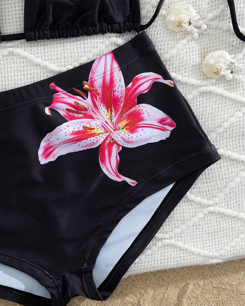 Printed Halter Tie Two-Piece High-Waist Bikini Set