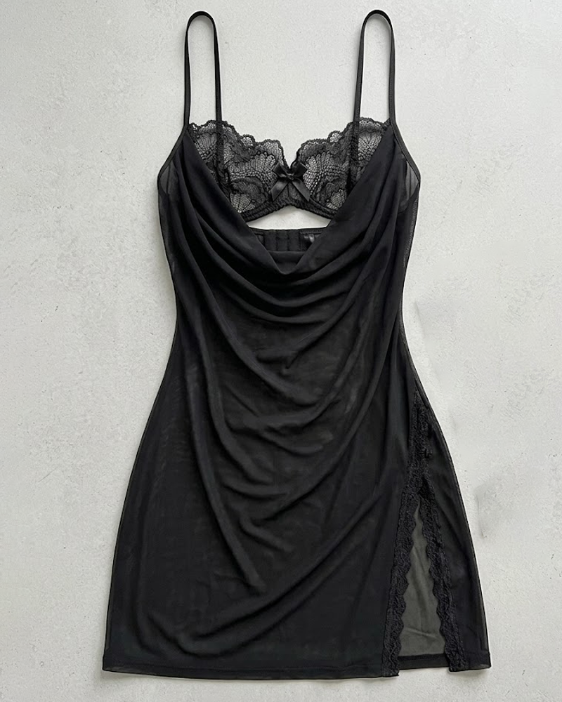 Sexy Lace Mesh Sheer Cutout Ruffle Chemise Nightgowns with Thong
