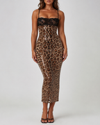 Sexy Lace Patchwork Leopard Sequin Bandeau Strap Dress