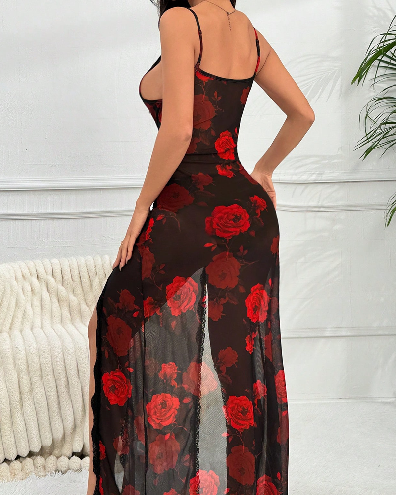 Sexy Rose Print Lace Slit Maxi Dress with Thong