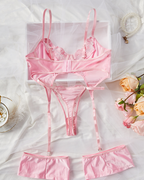Floral Sheer Lace Strappy Lingerie Set with Leg Garters