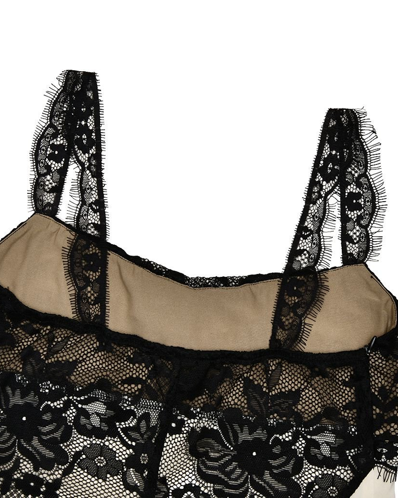 Satin Lace Patchwork Color Block Cami Chemise Side Slit Nightgowns