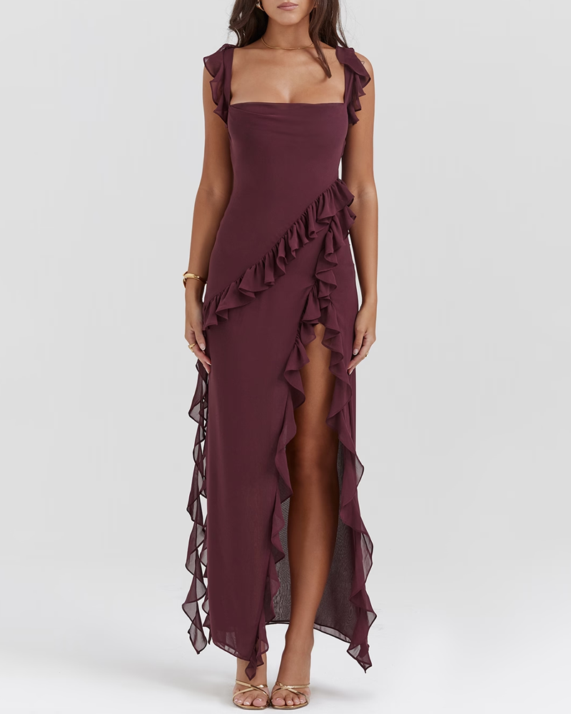 Sexy Ruffle Trim Slit Maxi Dress