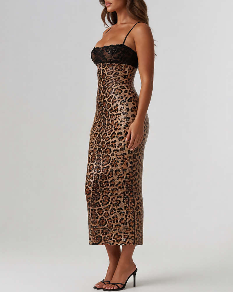 Sexy Lace Patchwork Leopard Sequin Bandeau Strap Dress