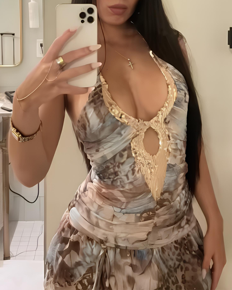 Vacation Style Sequin Ruffle Halter Leopard Print Cami Dress
