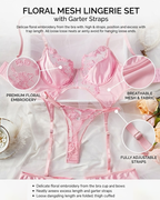 Floral Sheer Lace Strappy Lingerie Set with Leg Garters