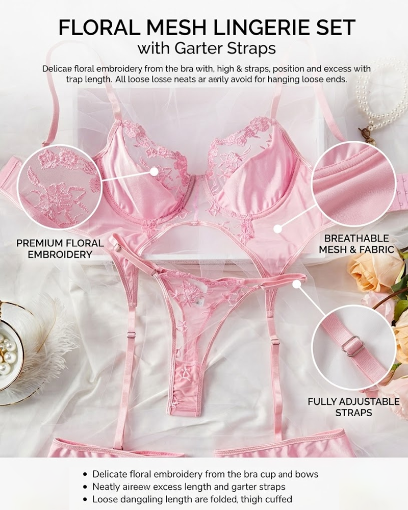 Floral Sheer Lace Strappy Lingerie Set with Leg Garters