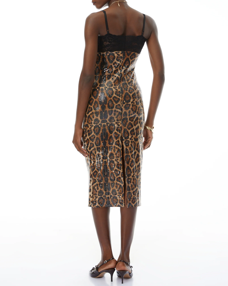 Sexy Lace Patchwork Leopard Sequin Bandeau Strap Dress