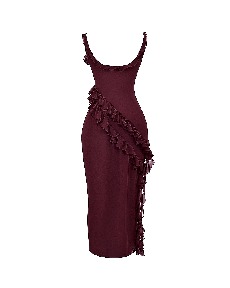 Sexy Ruffle Trim Slit Maxi Dress