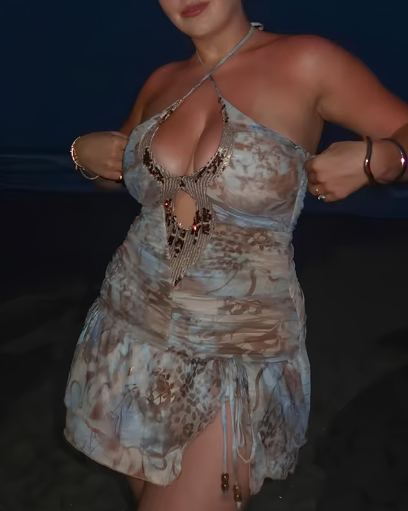 Vacation Style Sequin Ruffle Halter Leopard Print Cami Dress