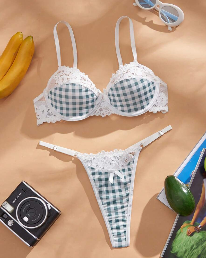 Lace Skin-Friendly Breathable Sweet Plaid Lingerie Set