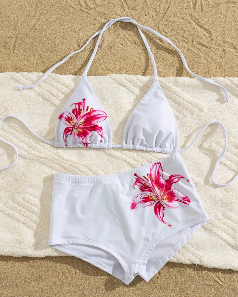 Printed Halter Tie Two-Piece High-Waist Bikini Set