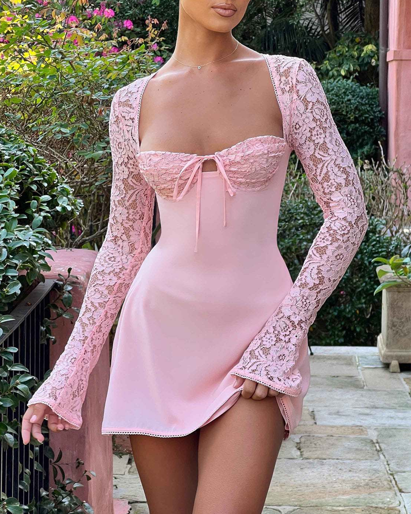 Elegant Lace Long Sleeve Backless Tie-Up Dress