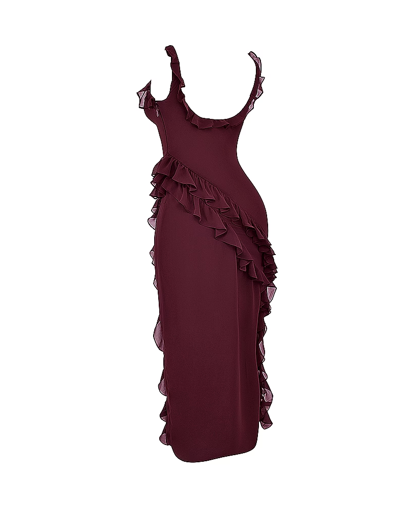 Sexy Ruffle Trim Slit Maxi Dress