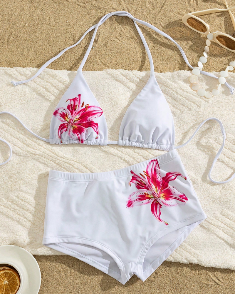 Printed Halter Tie Two-Piece High-Waist Bikini Set