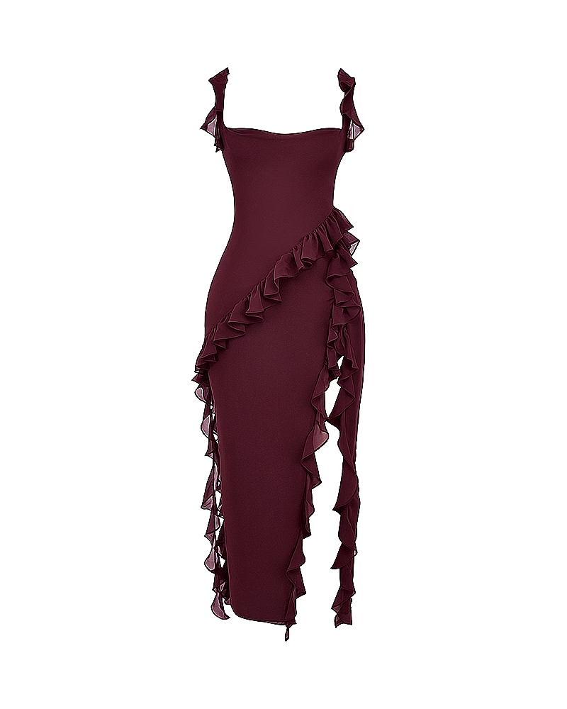Sexy Ruffle Trim Slit Maxi Dress