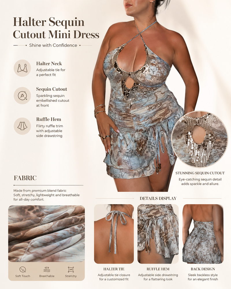 Vacation Style Sequin Ruffle Halter Leopard Print Cami Dress