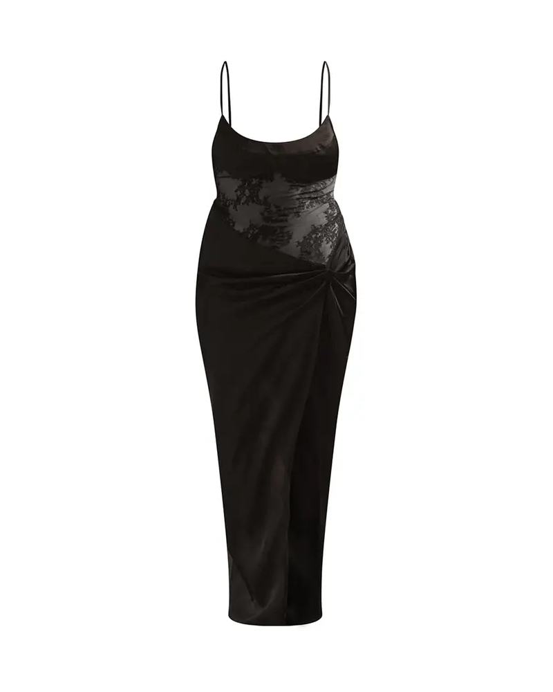 Sexy Spaghetti Strap Lace Satin Slit Evening Dress