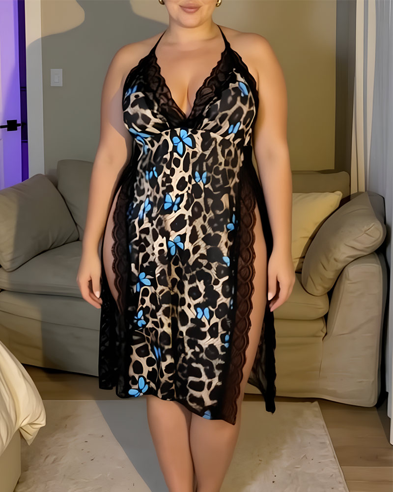 Plus Size Leopard Print Butterfly Tie Strap Side Slit Sexy Nightdress