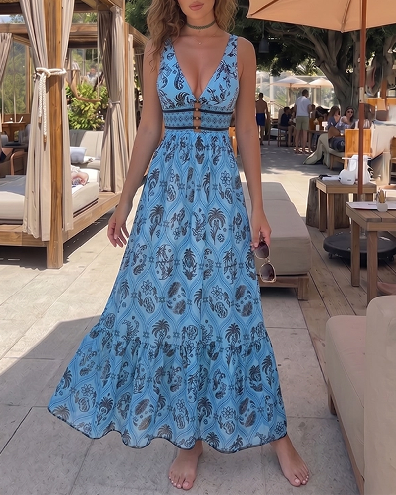 Blue Printed Waist Cut Out Swimsuit Set
