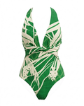 Elegant Green Botanical Print Swimsuit Set