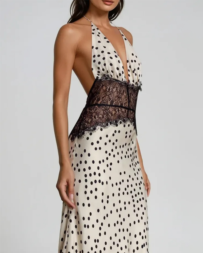 Elegant V-Neck Halter Lace and Satin Patchwork Maxi Dress