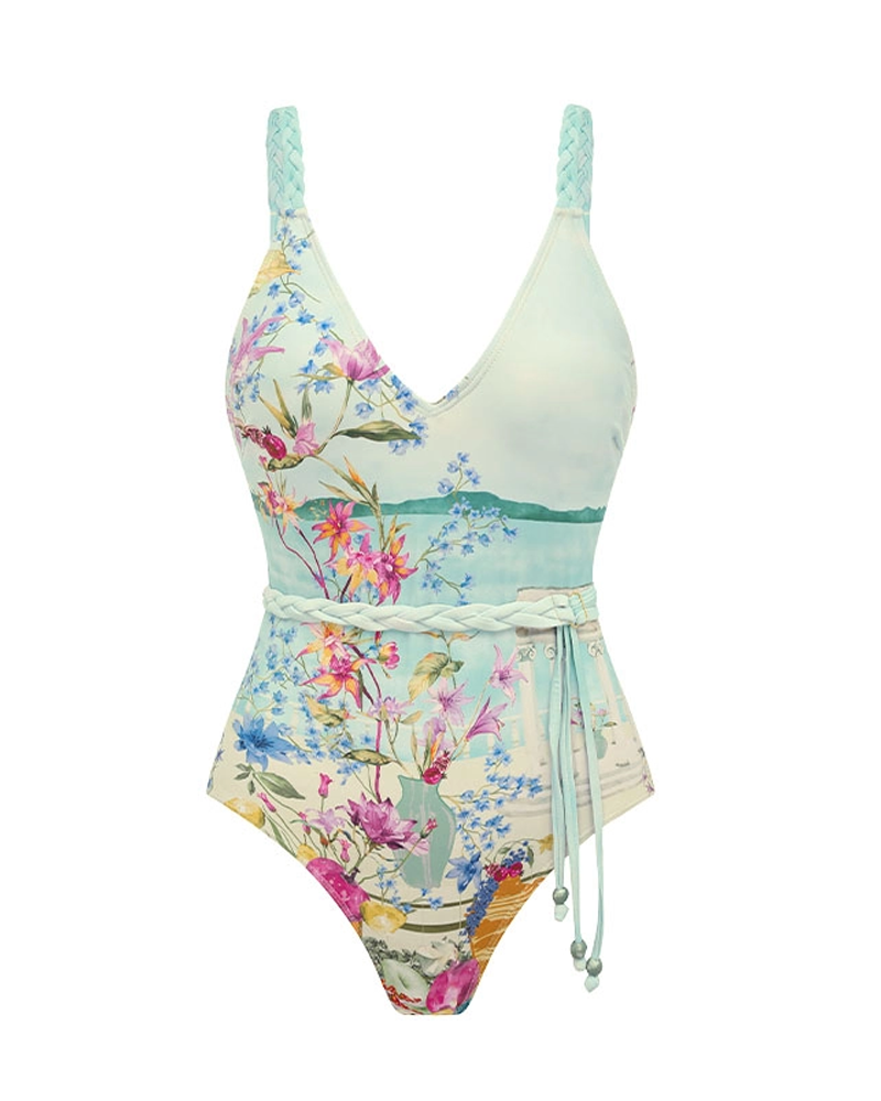 Elegant V Neck Printed Swimsuit Set