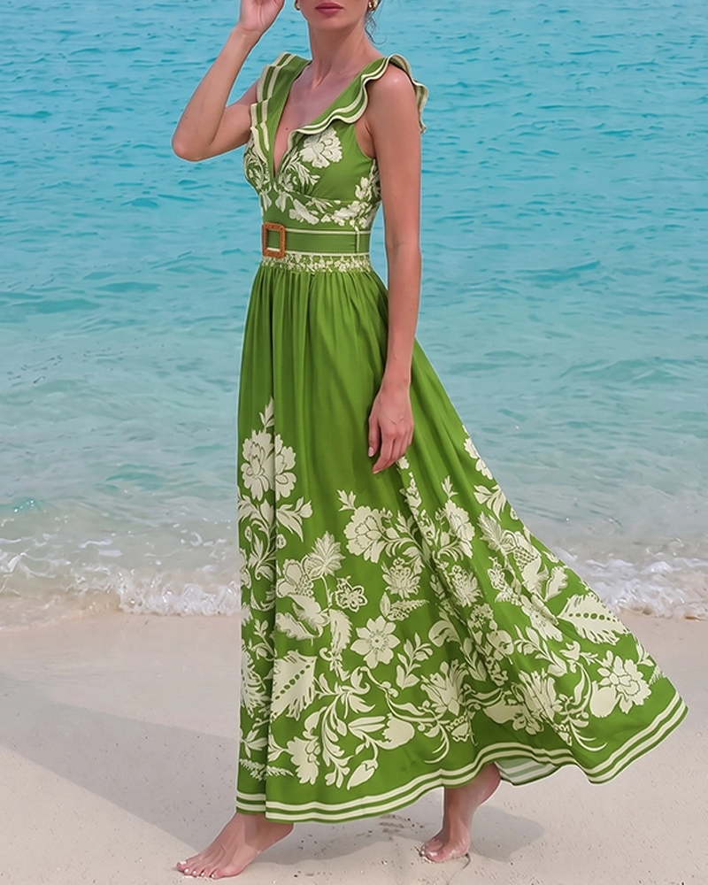 V Neck Ruffle Green Retro Printed Swimsuit Set