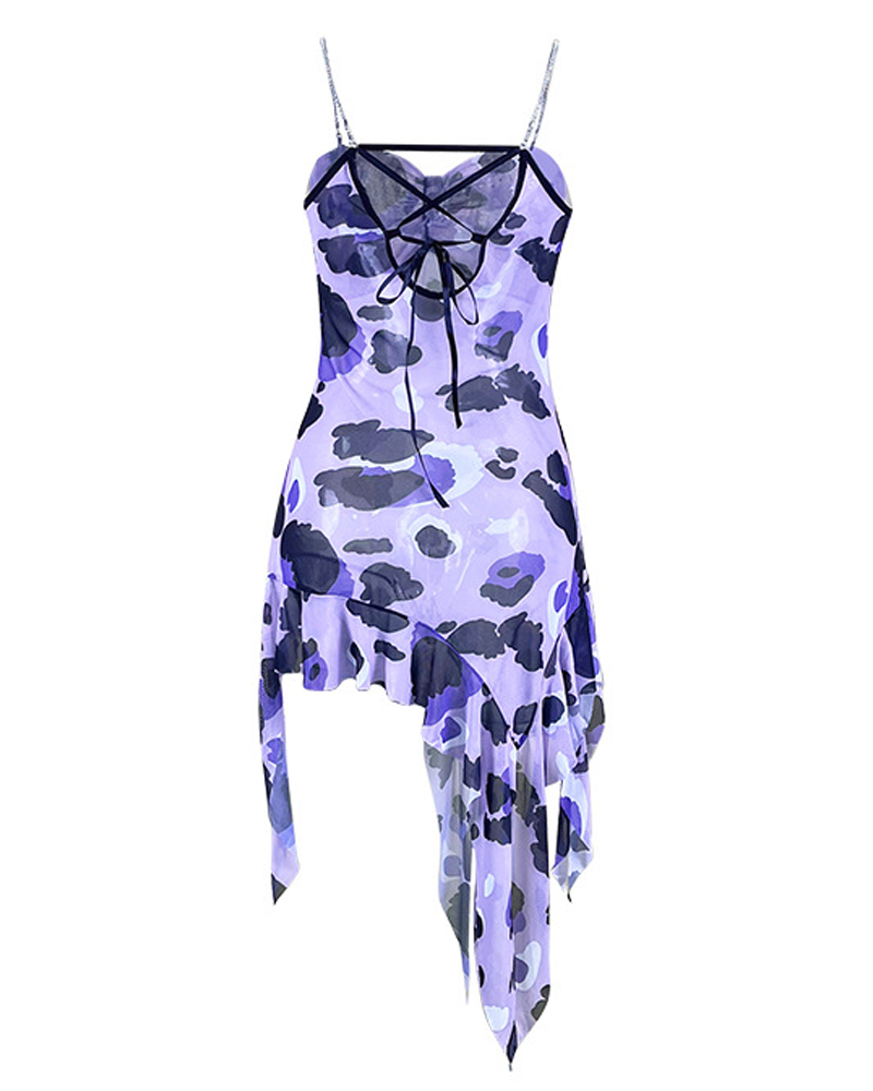 Sexy Leopard Print Sheer Mesh Rhinestone Strap Nightgown
