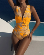 V Neck Yellow Plant Print Swimsuit Set