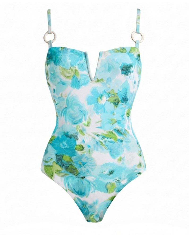 Abstract Blue Floral Swimsuit Set