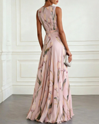 Tulip Print Chiffon Sleeveless V-Neck Maxi Dress