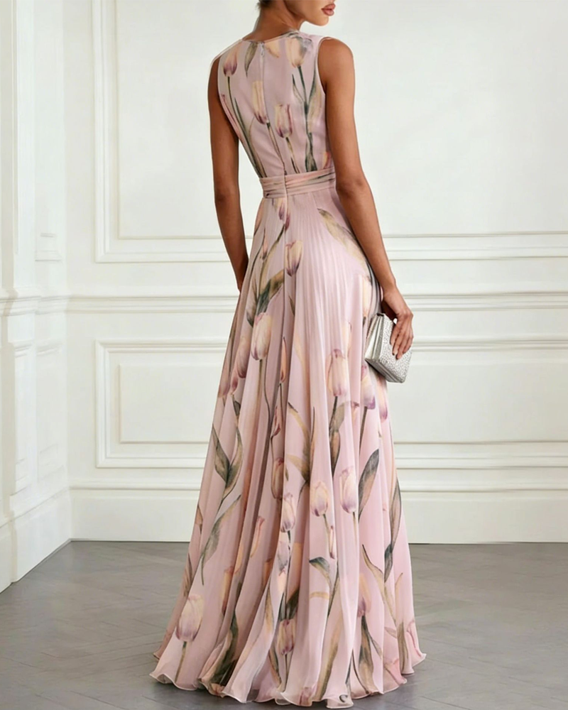 Tulip Print Chiffon Sleeveless V-Neck Maxi Dress