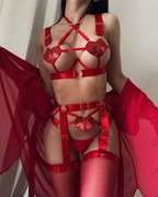Sexy Red Sequin Heart Crisscross Lace-Up Lingerie Set