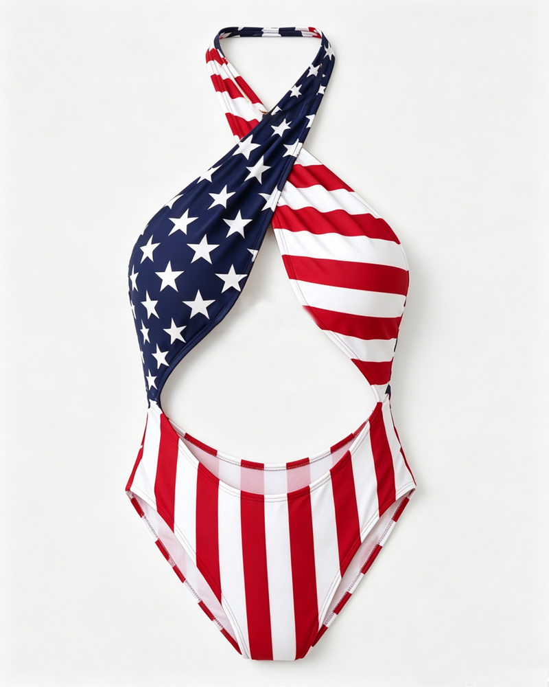 Sexy Stars & Stripes Halter Backless Bodycon One-Piece Bikini